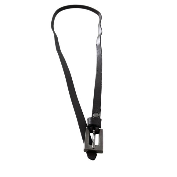 Black Leather Skinny Waist Belt M/L Adjustable Fit Silver Buckle Business Casual - Picture 2 of 7